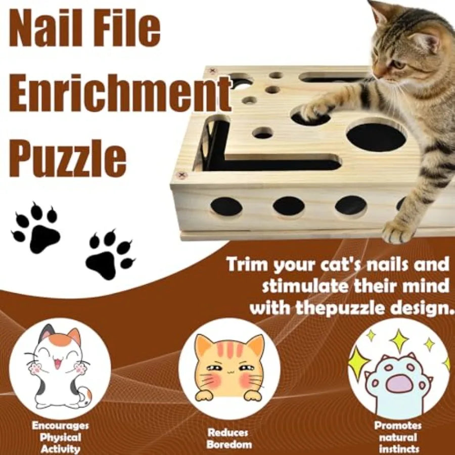 Reinforced Cat Nail File Scratcher Box With Wooden Puzzle Toy