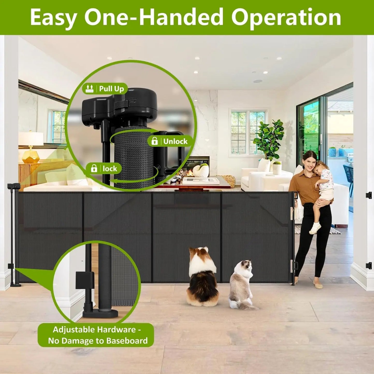 42" Tall Retractable Dog Gate, 155" Wide Adjustable Pet Barrier for Indoor/Outdoor Use - Black