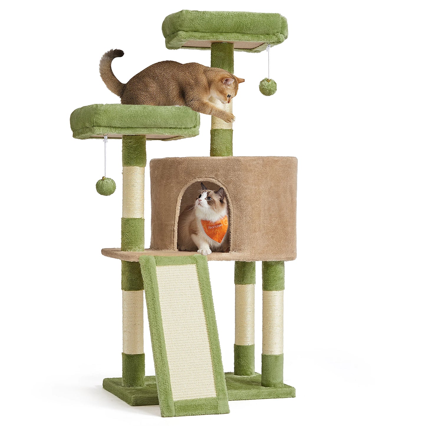 FEANDREA Cat Tree With Plush Condo Perches Ramp Cave