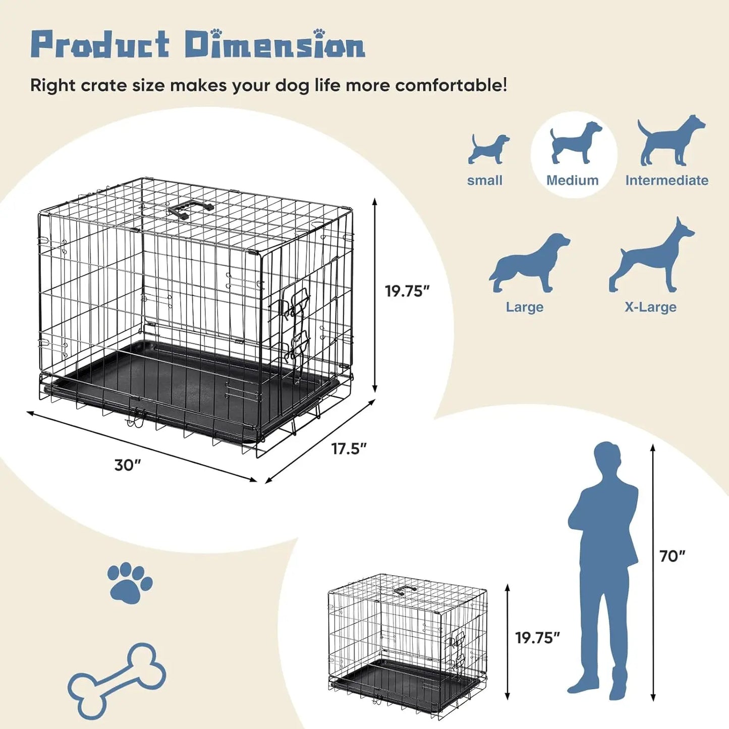 30 Inch Medium Dog Crate with Leak-Proof Tray, Folding Metal Kennel for Indoor Outdoor Travel
