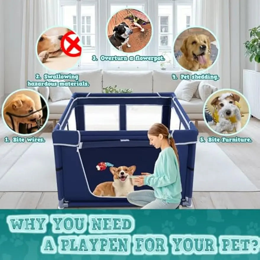 42x42 Inch Dog Playpen with Gate for Puppies & Small Dogs, Indoor Outdoor Pet Fence with Thickened Fabric & Nylon Mesh