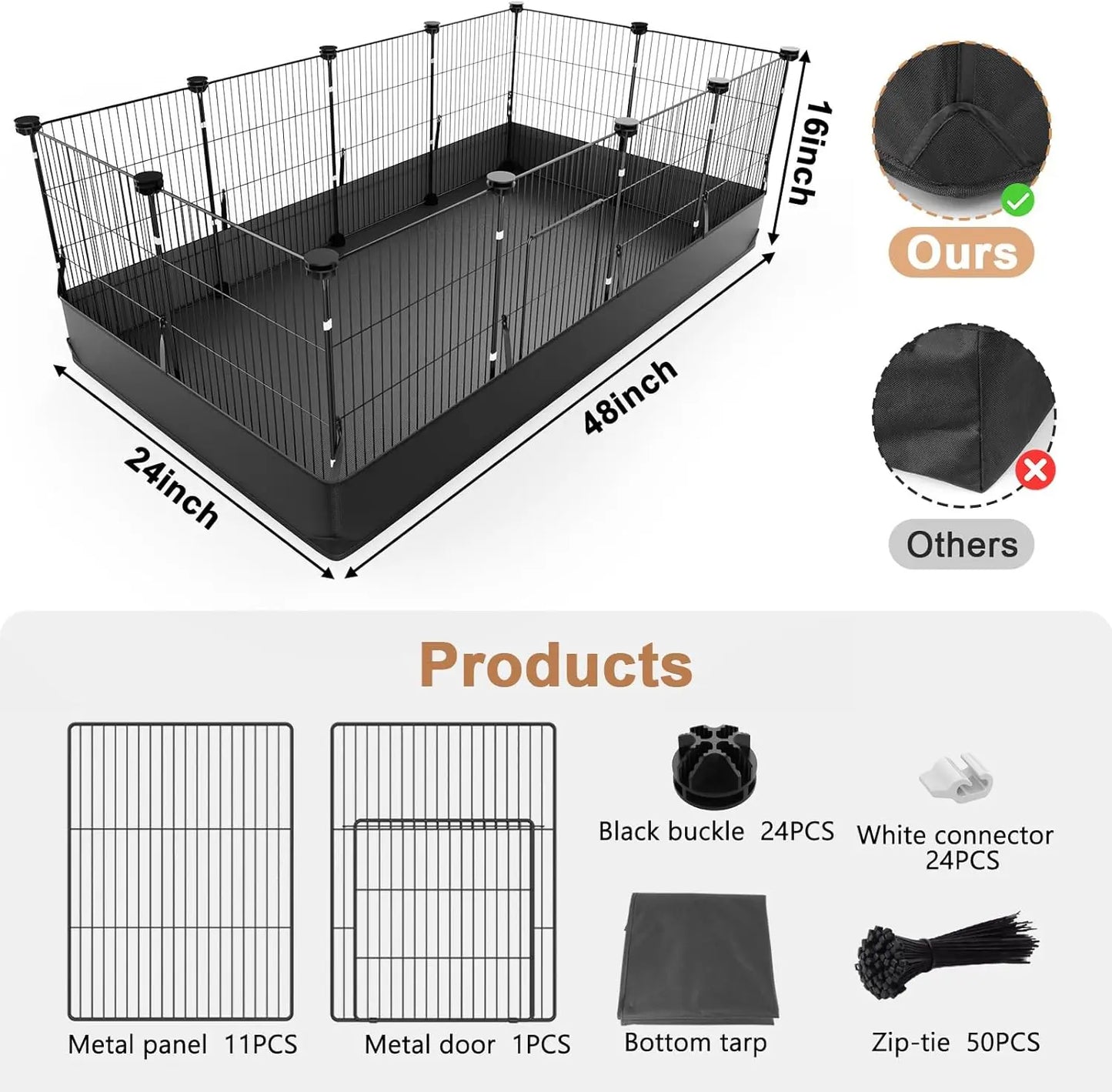 Waterproof PVC Lined Small Animal Cage with Easy One-Hand Hook, 48x24x16 Inch Indoor Playpen for Guinea Pigs, Rabbits, Hedgehogs