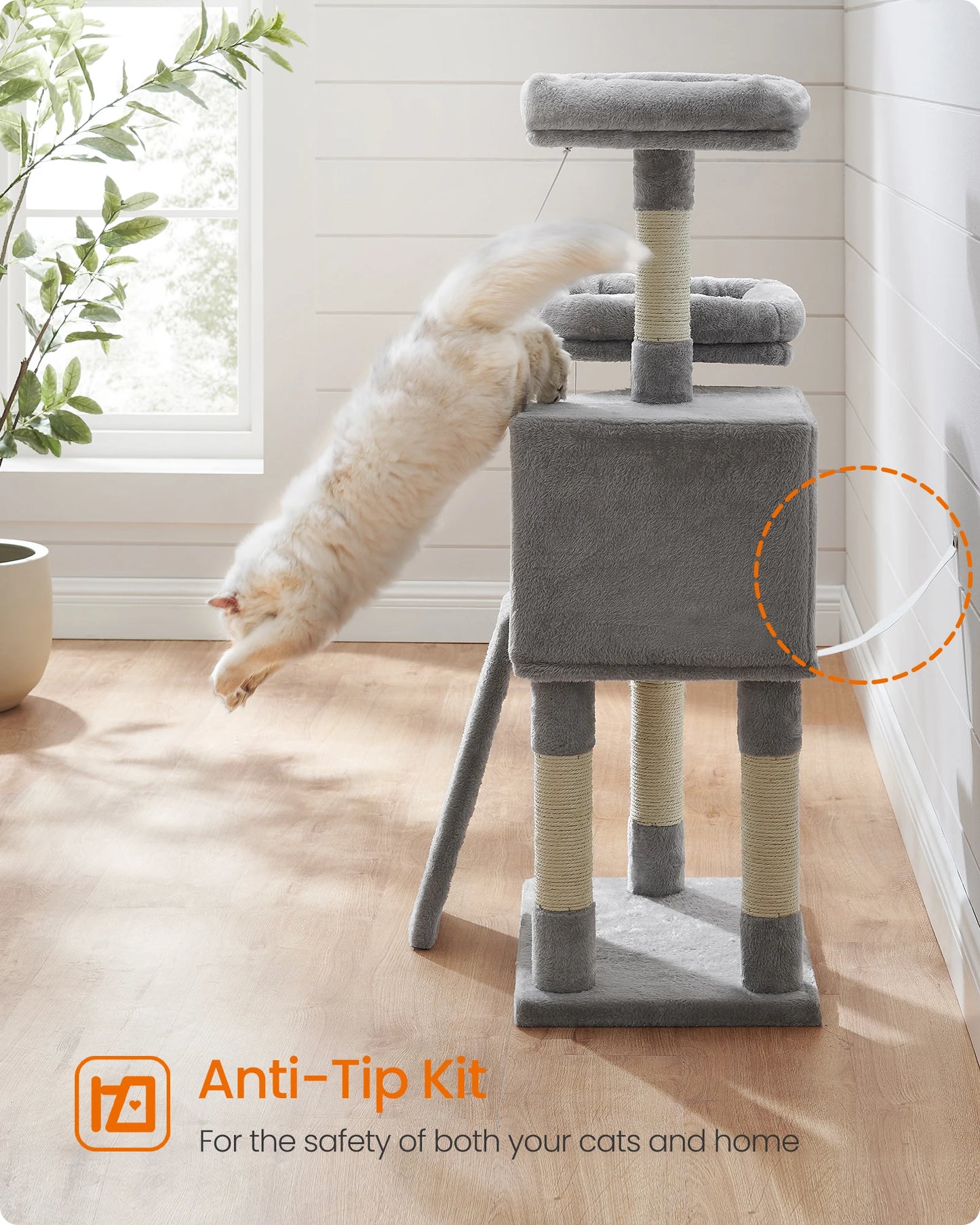 FEANDREA Cat Tree With Plush Condo Perches Ramp Cave