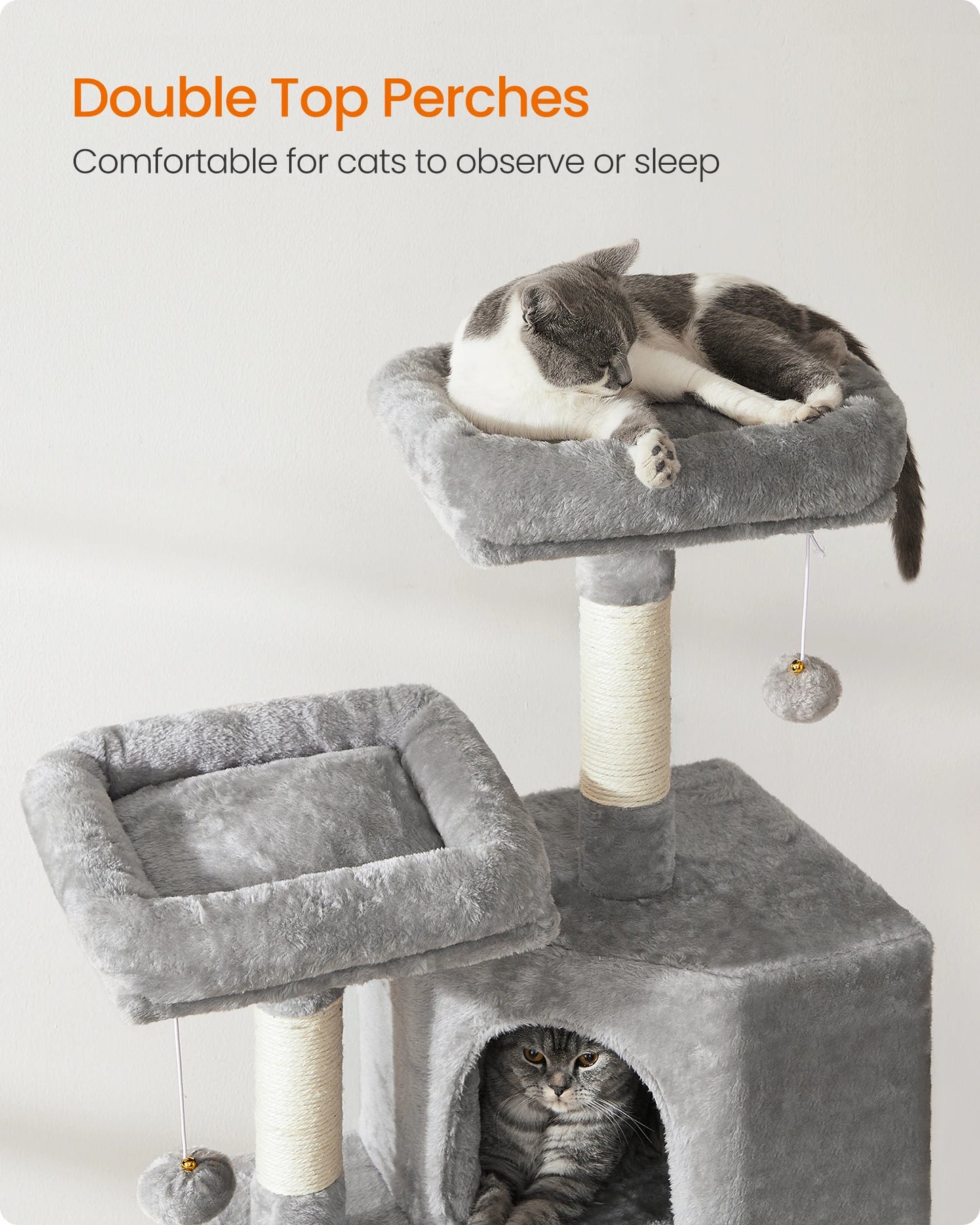 FEANDREA Cat Tree With Plush Condo Perches Ramp Cave