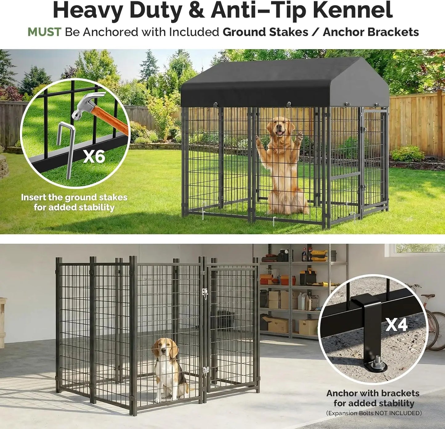 4x4x4.6FT Dog Kennel Outdoor, Dog Run Enclosure Outside Dog Kennel with Roof, Heavy Duty Outdoor Kennel Pen with Removable