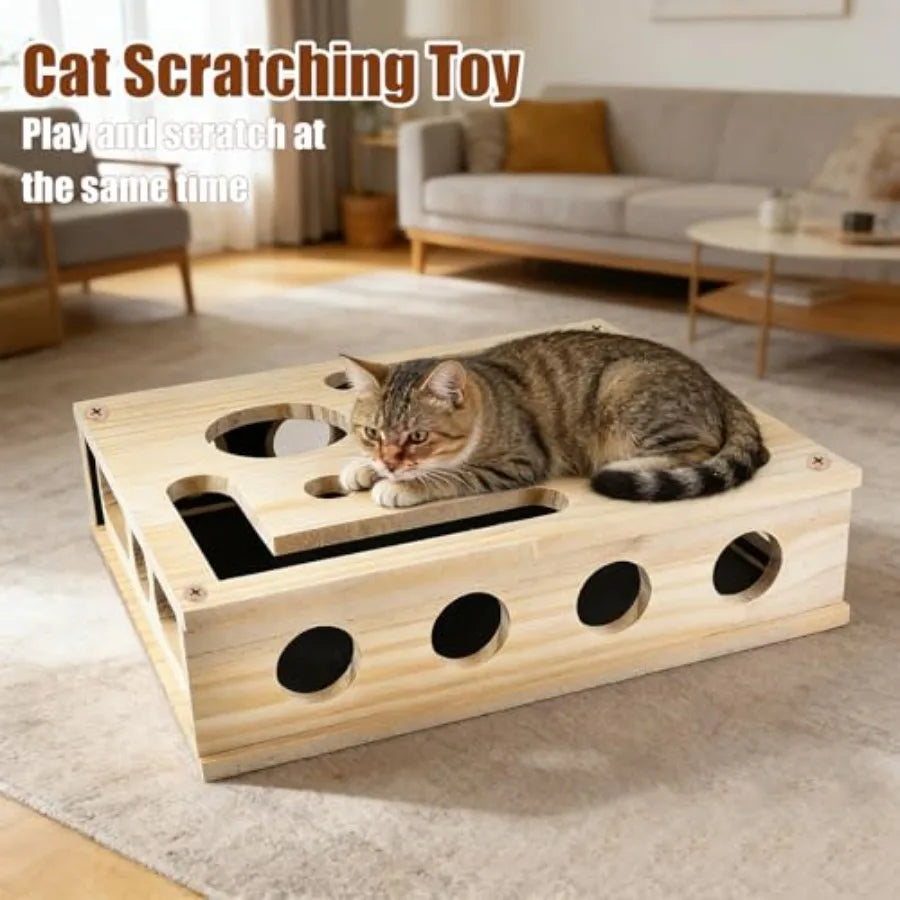Reinforced Cat Nail File Scratcher Box With Wooden Puzzle Toy
