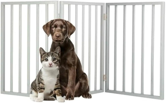 3-Panel Foldable Pet Gate for Stairs, Hallways, Doorways - 54x24 Inch Freestanding Wood Fence in Gray