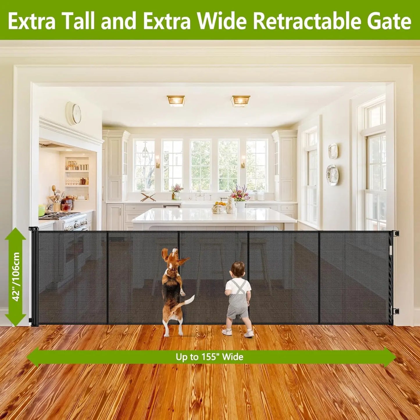42" Tall Retractable Dog Gate, 155" Wide Adjustable Pet Barrier for Indoor/Outdoor Use - Black