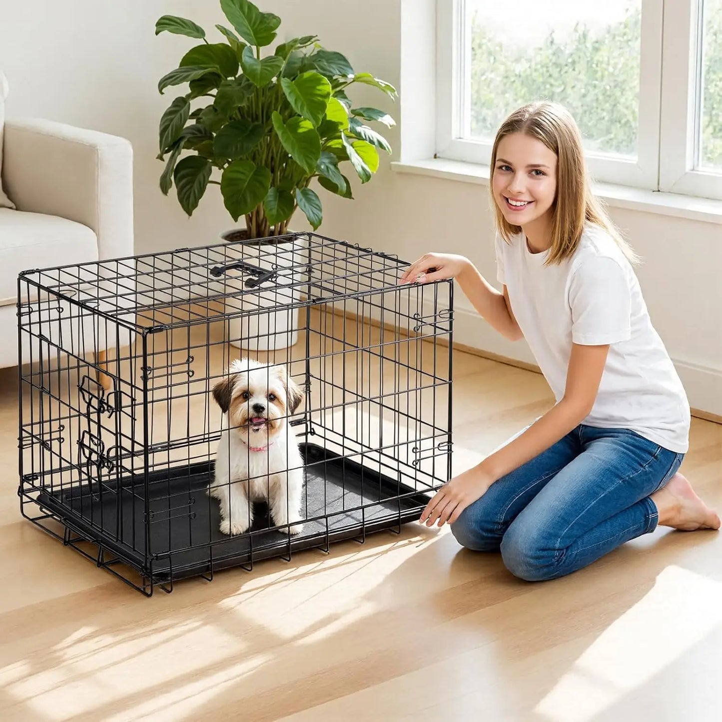 30 Inch Medium Dog Crate with Leak-Proof Tray, Folding Metal Kennel for Indoor Outdoor Travel
