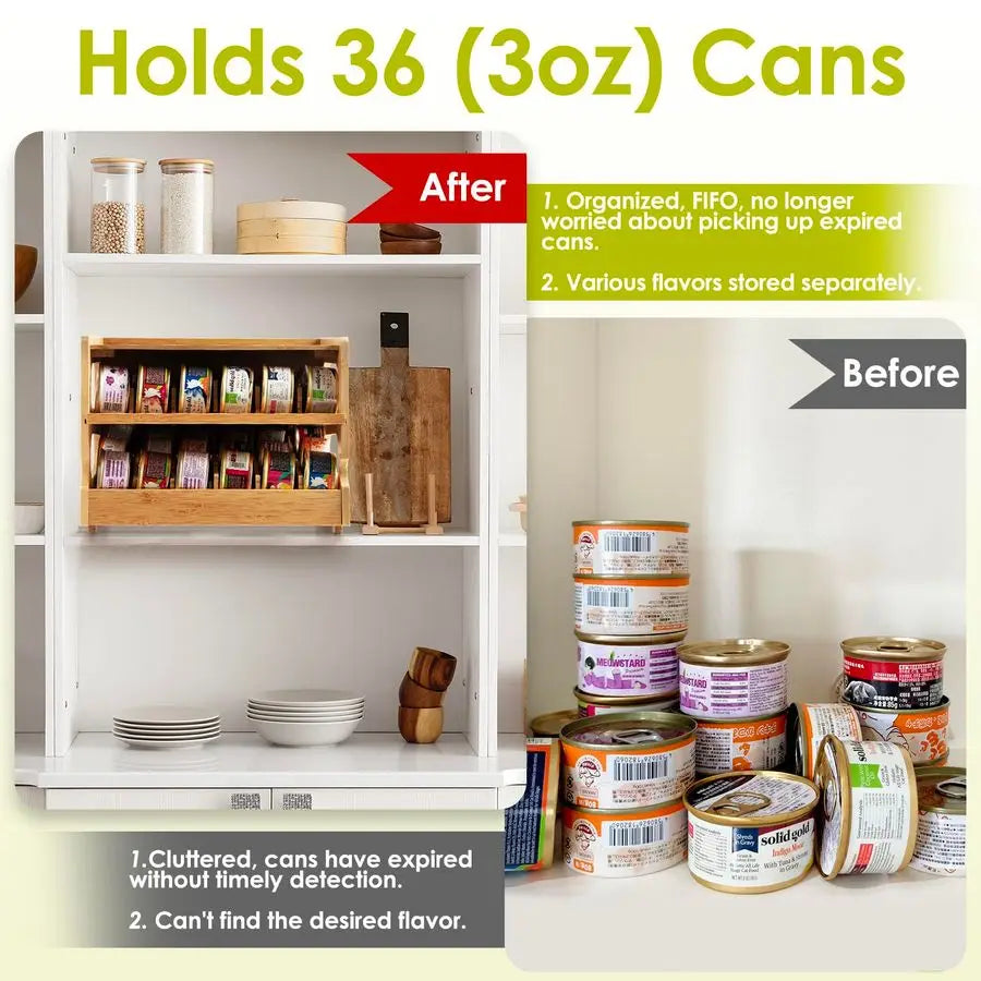 XMSJ Bamboo Cat Food Can Organizer Holds 36 Cans Pantry