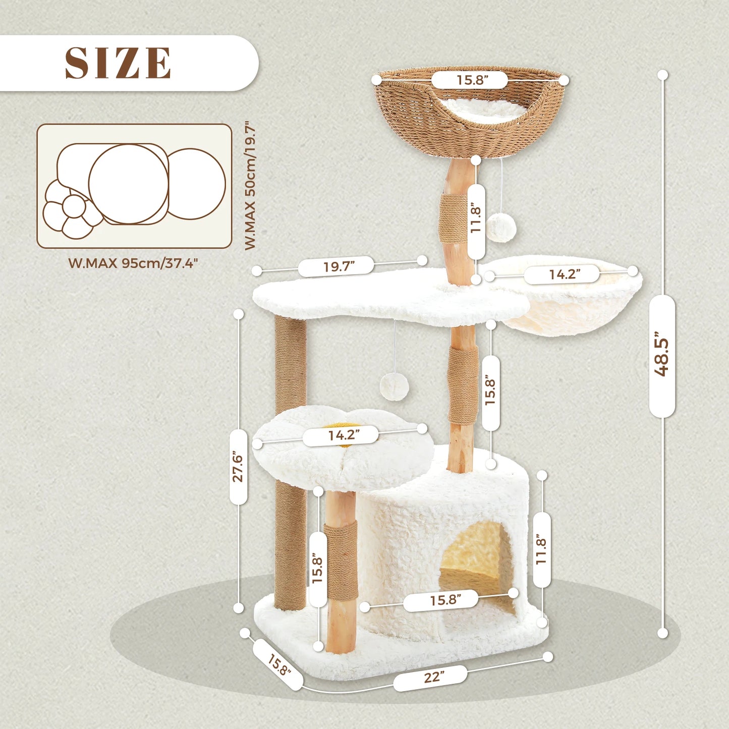 PEQULTICN Solid Wood Cat Tree Tower With Five Levels