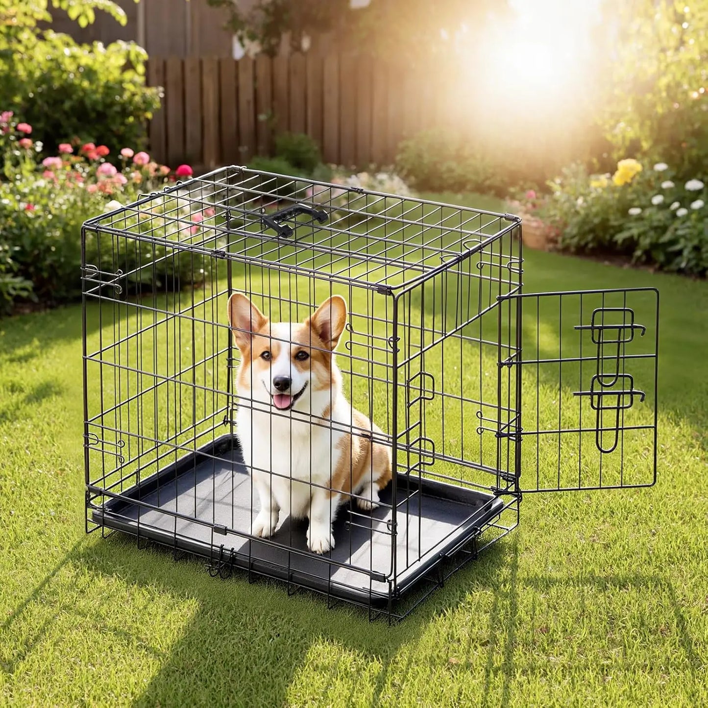 30 Inch Medium Dog Crate with Leak-Proof Tray, Folding Metal Kennel for Indoor Outdoor Travel