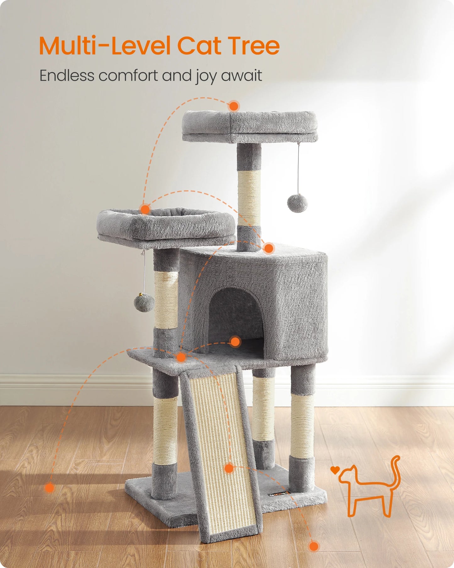 FEANDREA Cat Tree With Plush Condo Perches Ramp Cave