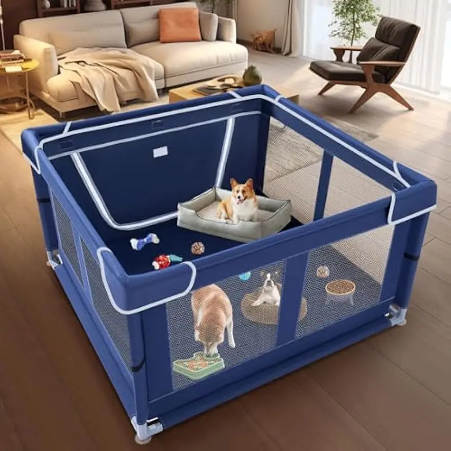42x42 Inch Dog Playpen with Gate for Puppies & Small Dogs, Indoor Outdoor Pet Fence with Thickened Fabric & Nylon Mesh