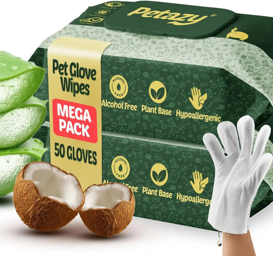 Hypoallergenic Pet Cleaning Gloves with Aloe & Coconut Oil for Dogs & Cats, 50 Pack No-Rinse Grooming Wipes