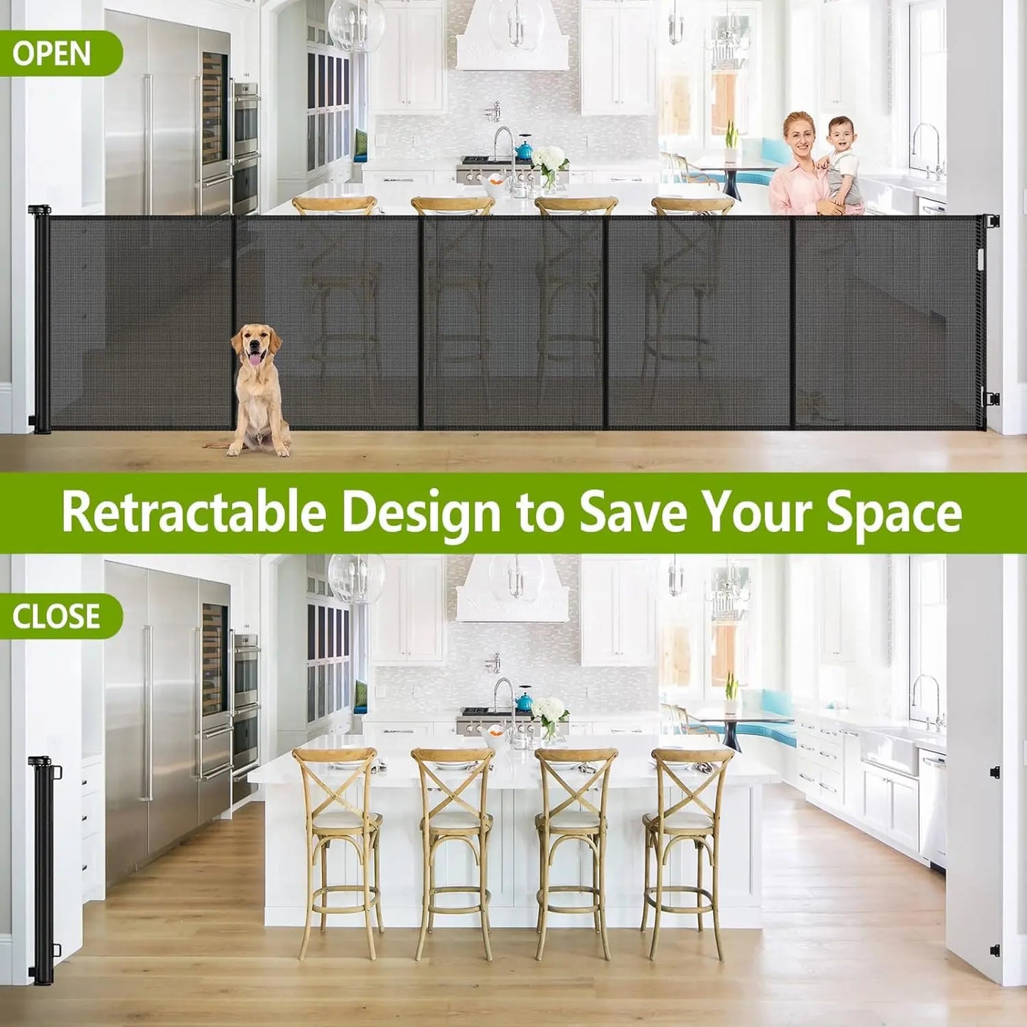42" Tall Retractable Dog Gate, 155" Wide Adjustable Pet Barrier for Indoor/Outdoor Use - Black