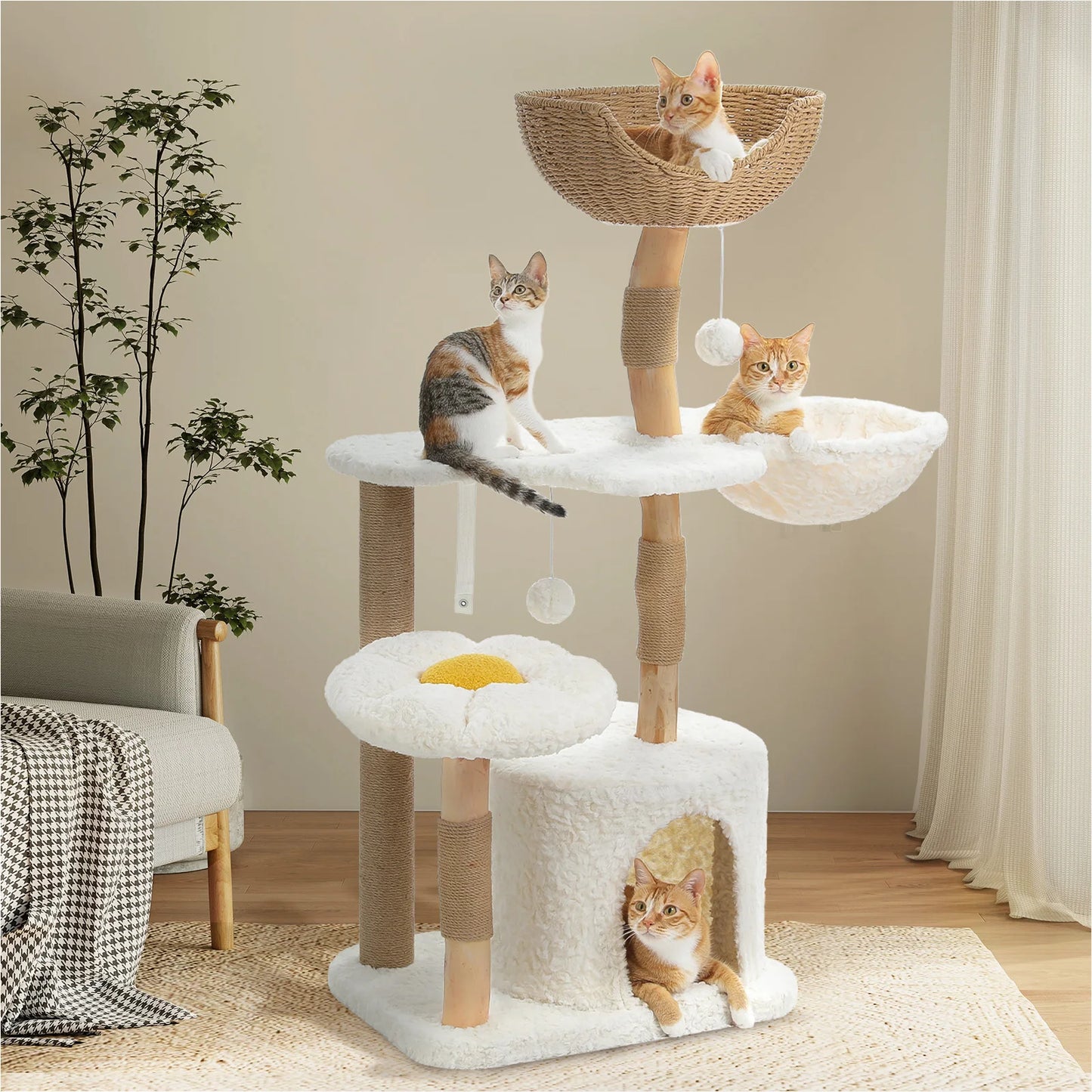PEQULTICN Solid Wood Cat Tree Tower With Five Levels