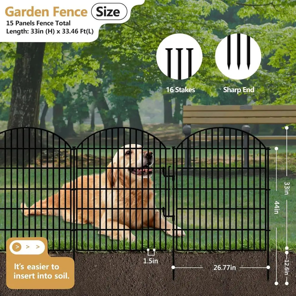 15 Panels No Dig Decorative Garden Fence with Lock, 33in (H) X 33.46ft (L) Dog Fences Outdoor for Yard, Rustproof Tall Metal Ani