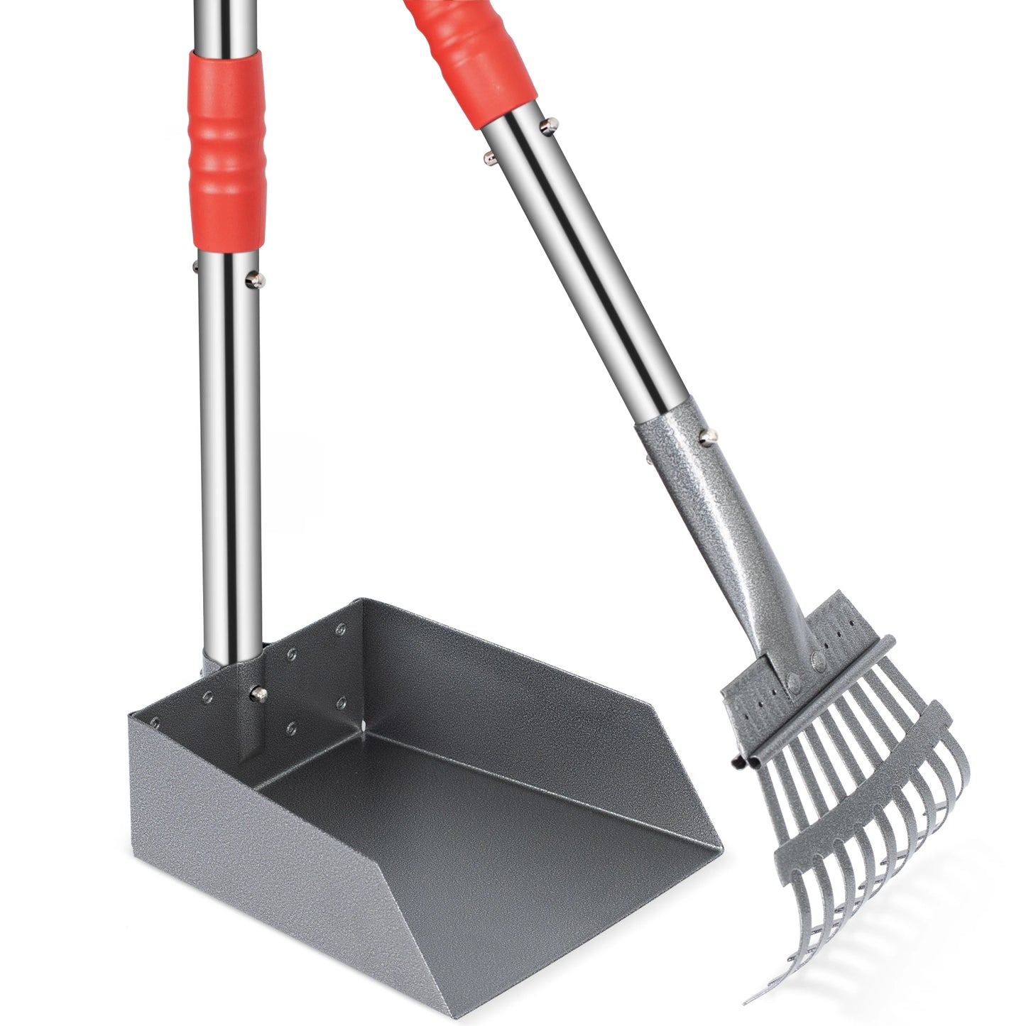 Dog Pooper Scooper, Dog Poop Tray and Rake Set, Pet Waste Removal Scoop with Long Adjustable Sectional Stainless Handles