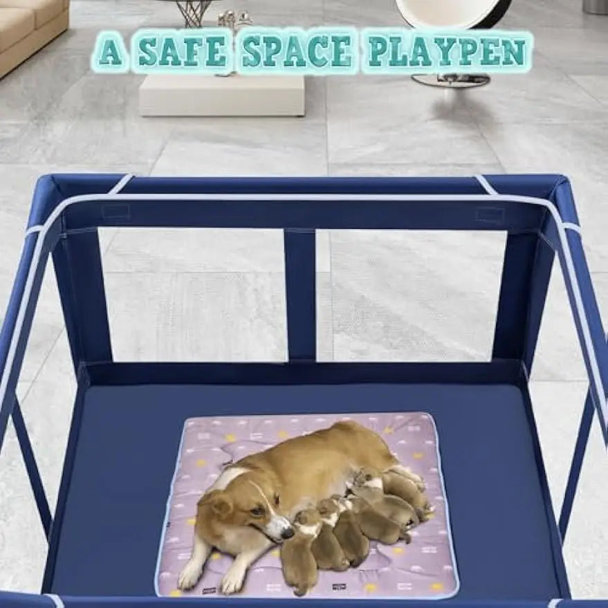 42x42 Inch Dog Playpen with Gate for Puppies & Small Dogs, Indoor Outdoor Pet Fence with Thickened Fabric & Nylon Mesh