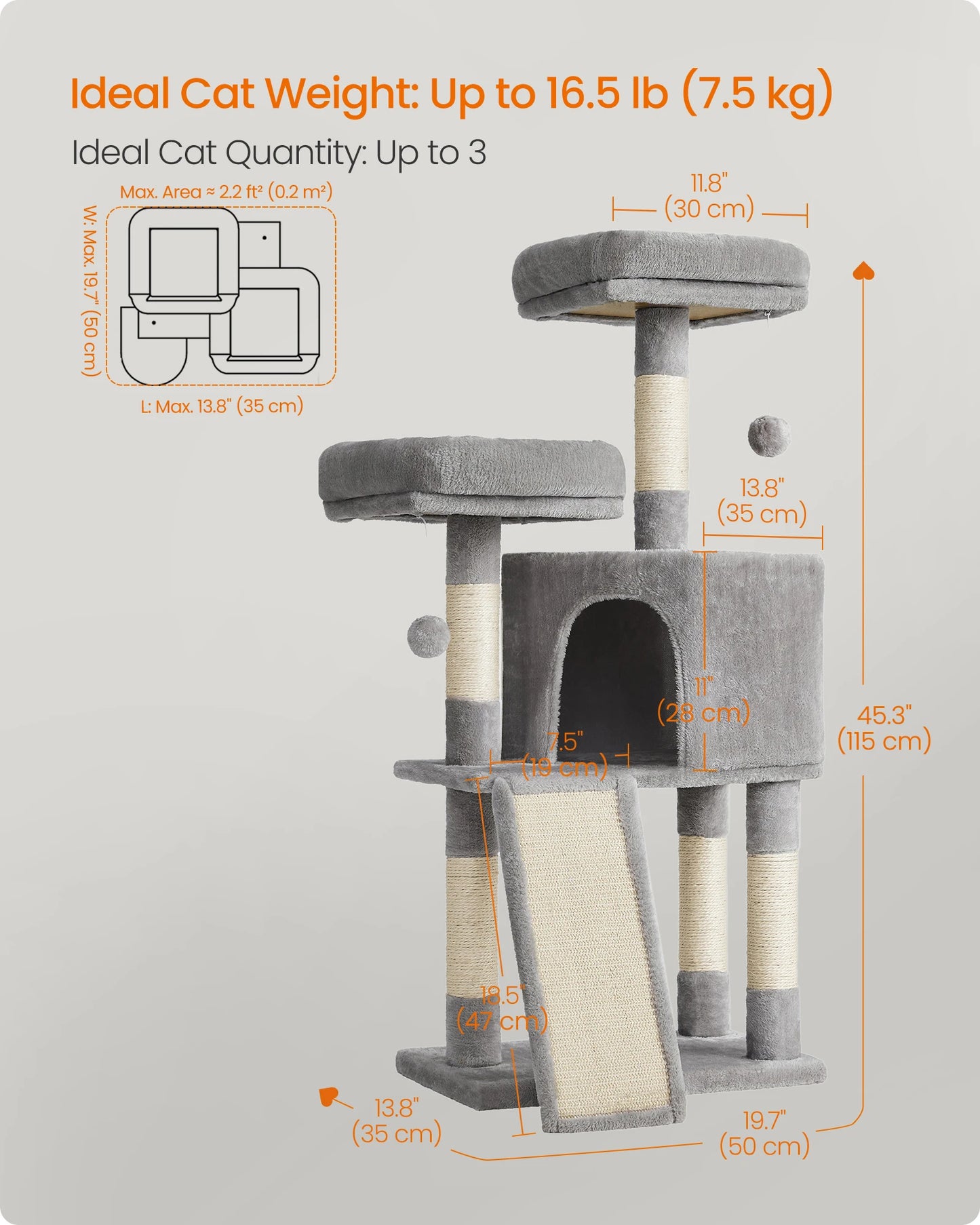 FEANDREA Cat Tree With Plush Condo Perches Ramp Cave