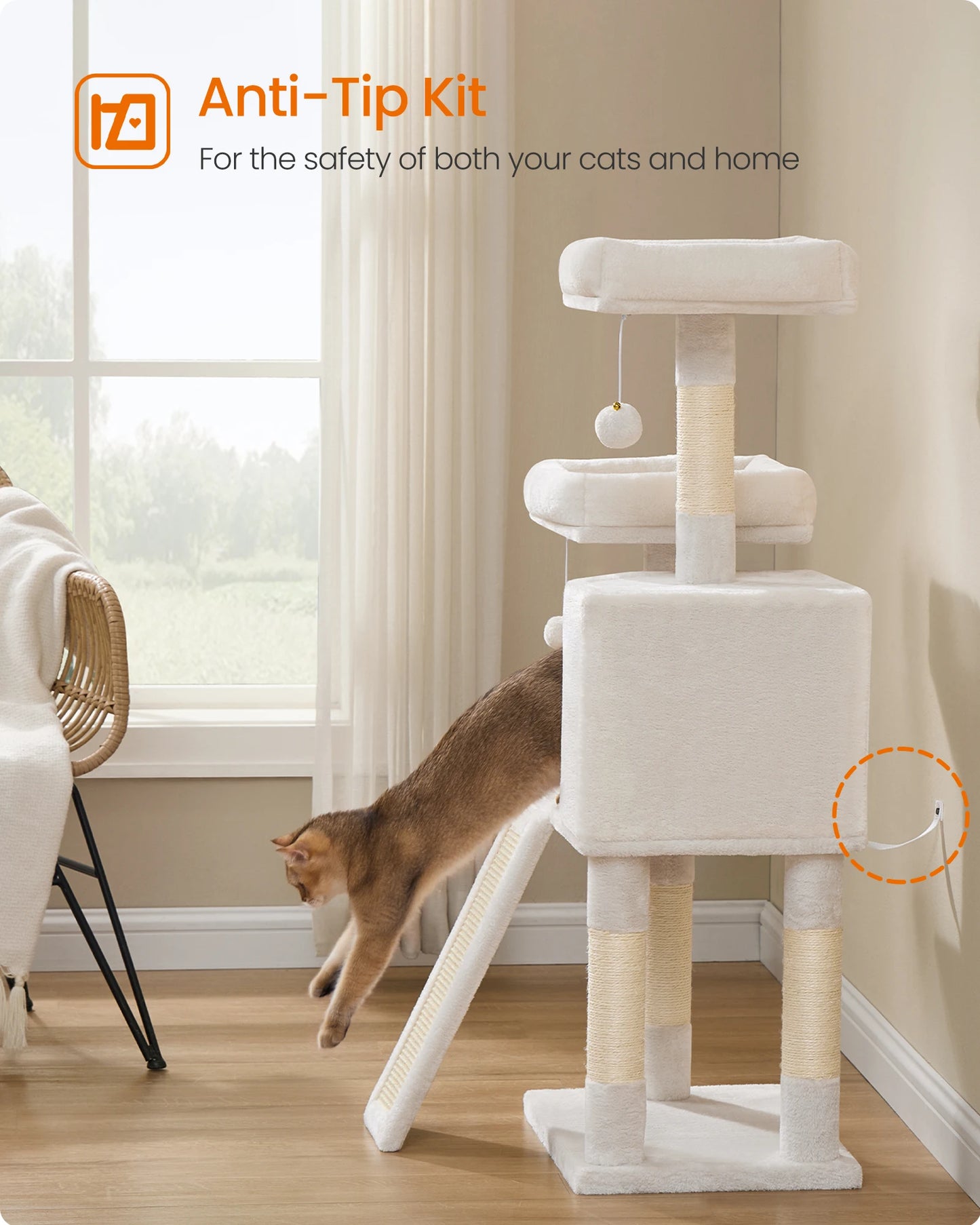 FEANDREA Cat Tree With Plush Condo Perches Ramp Cave