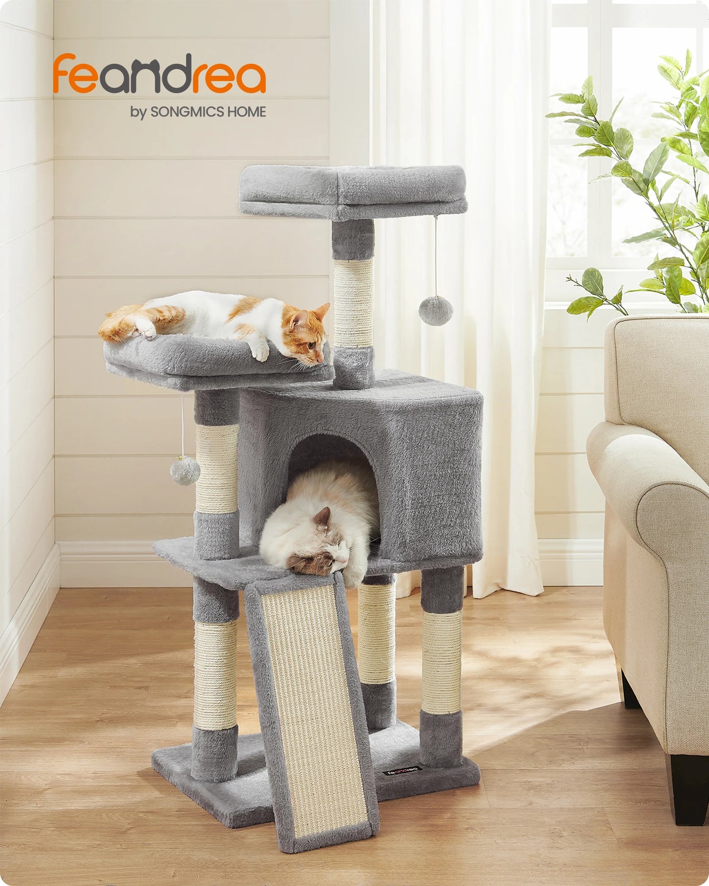 FEANDREA Cat Tree With Plush Condo Perches Ramp Cave