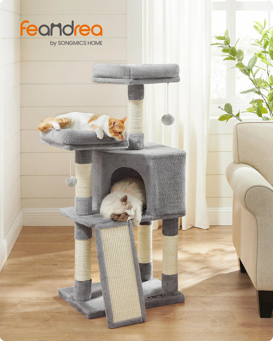 FEANDREA Cat Tree With Plush Condo Perches Ramp Cave