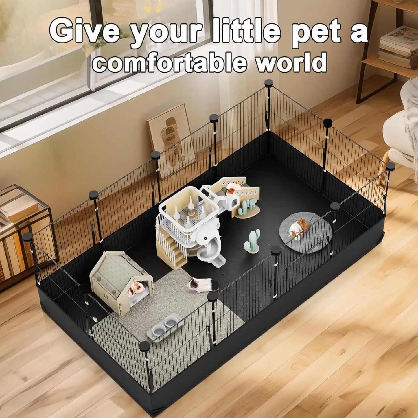 Waterproof PVC Lined Small Animal Cage with Easy One-Hand Hook, 48x24x16 Inch Indoor Playpen for Guinea Pigs, Rabbits, Hedgehogs