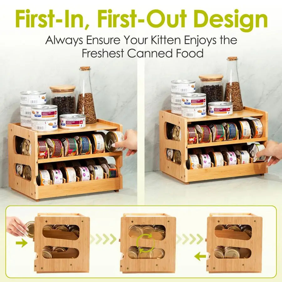 XMSJ Bamboo Cat Food Can Organizer Holds 36 Cans Pantry