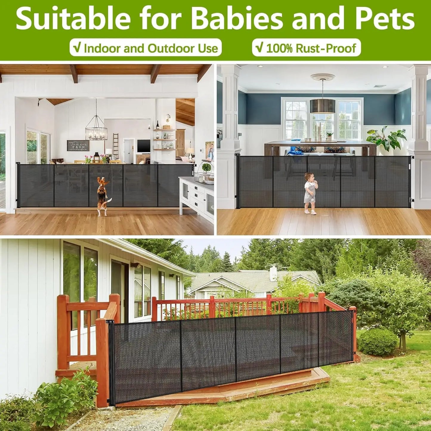 42" Tall Retractable Dog Gate, 155" Wide Adjustable Pet Barrier for Indoor/Outdoor Use - Black