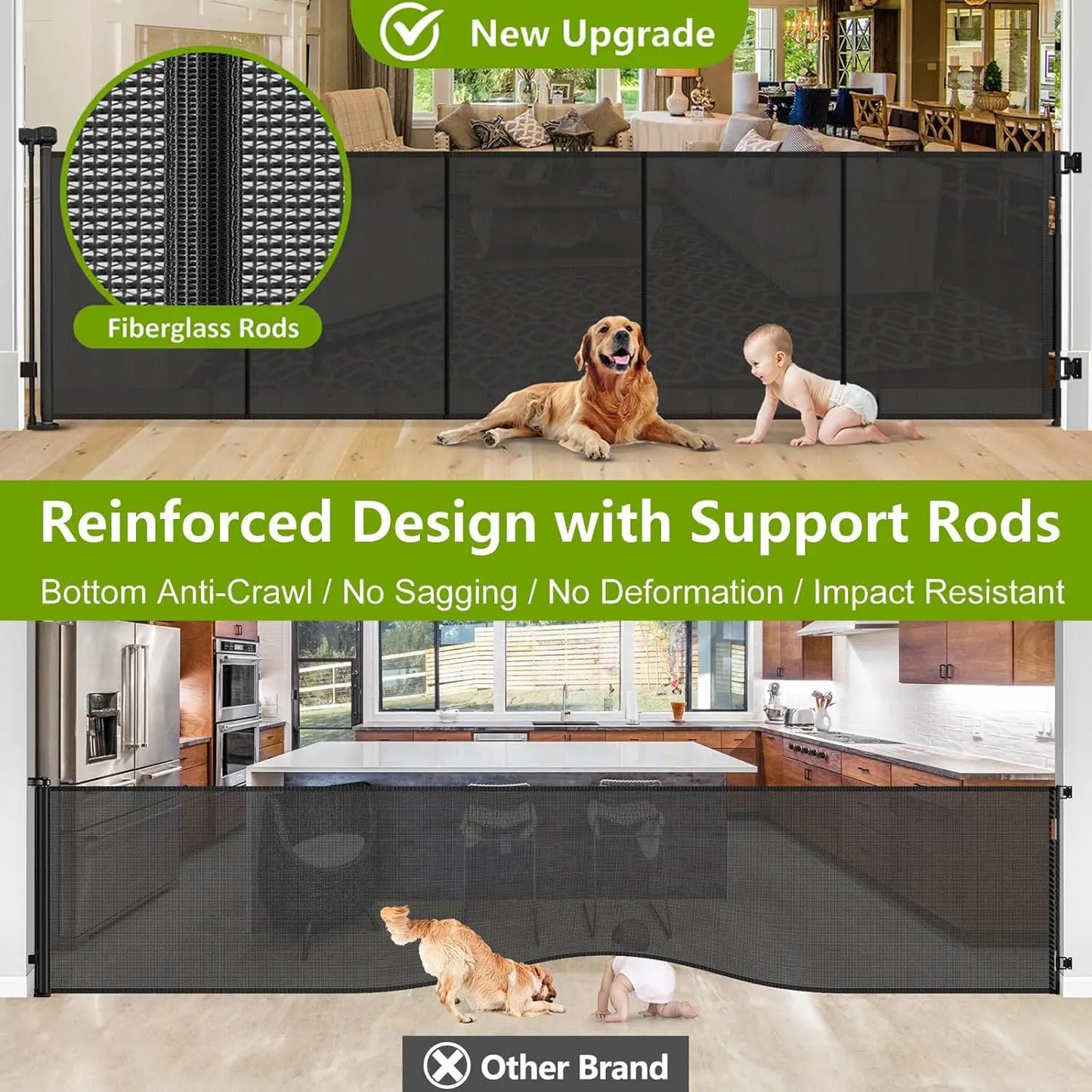 42" Tall Retractable Dog Gate, 155" Wide Adjustable Pet Barrier for Indoor/Outdoor Use - Black